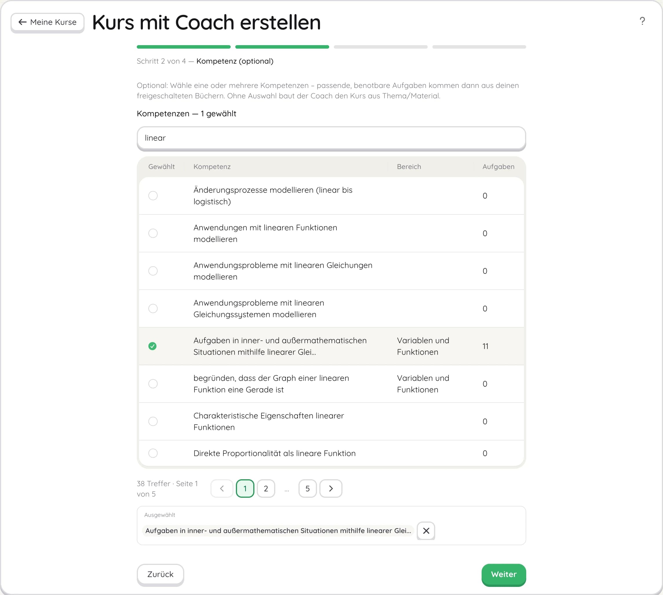 „Kurs mit Coach erstellen“, Schritt 2: Kompetenz auswählen — gewählte Kompetenz mit elf passenden Aufgaben
